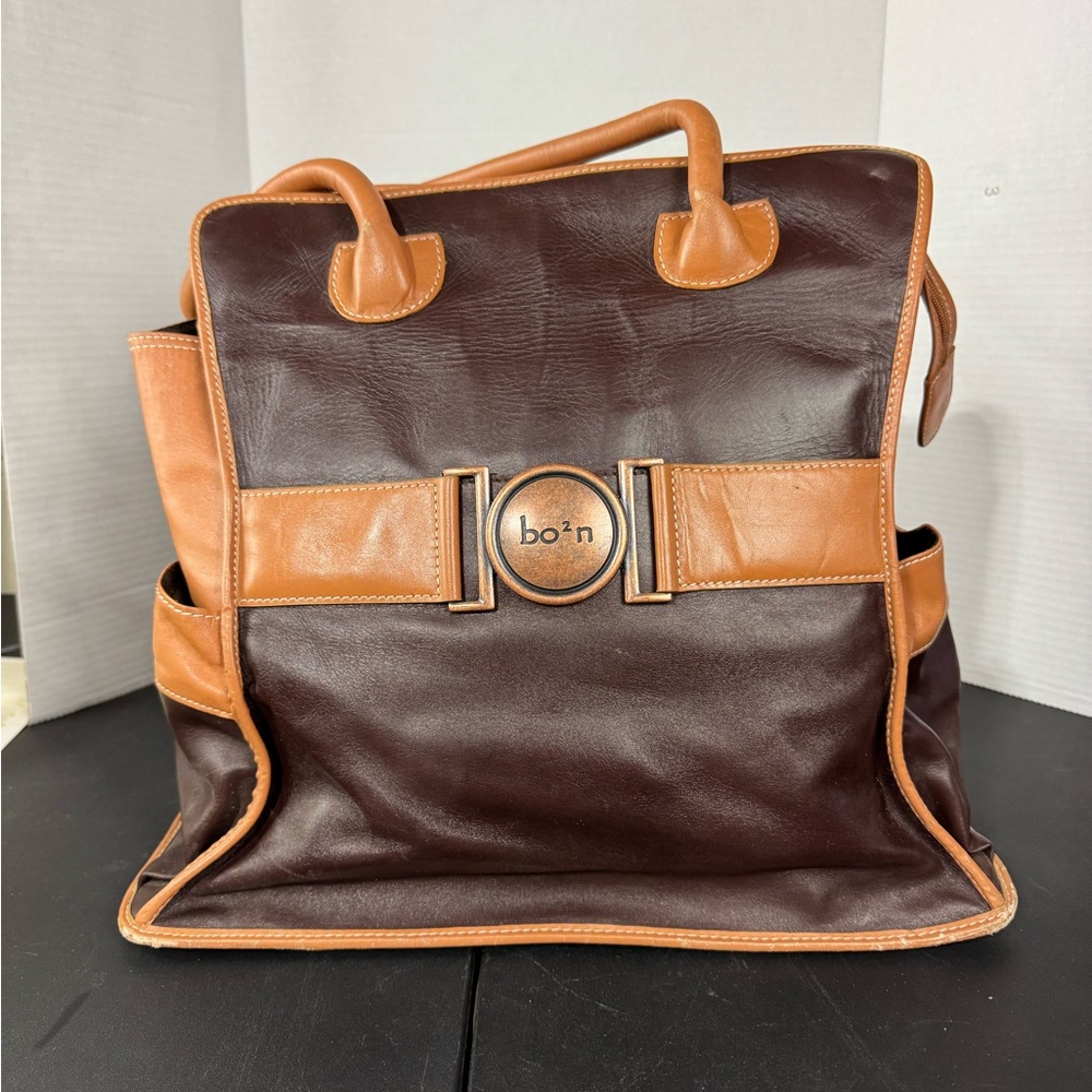 bo'n‎ Brown Leather Tote Bag Satchel Buckle Accent Pocketbook Handbag Purse